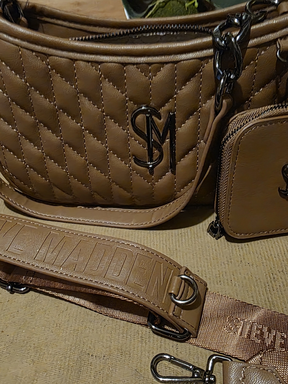 Steve Madden Tan Quilted Shoulder Bag with Removable Strap
